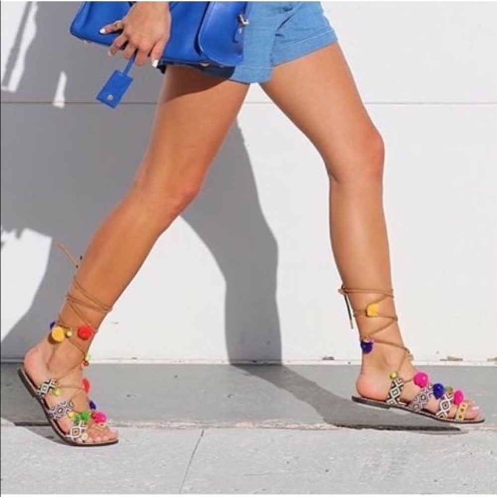 Black/Silver Pom Pom Boho Lace Up Gladiator Sandal - Picture 3 of 6